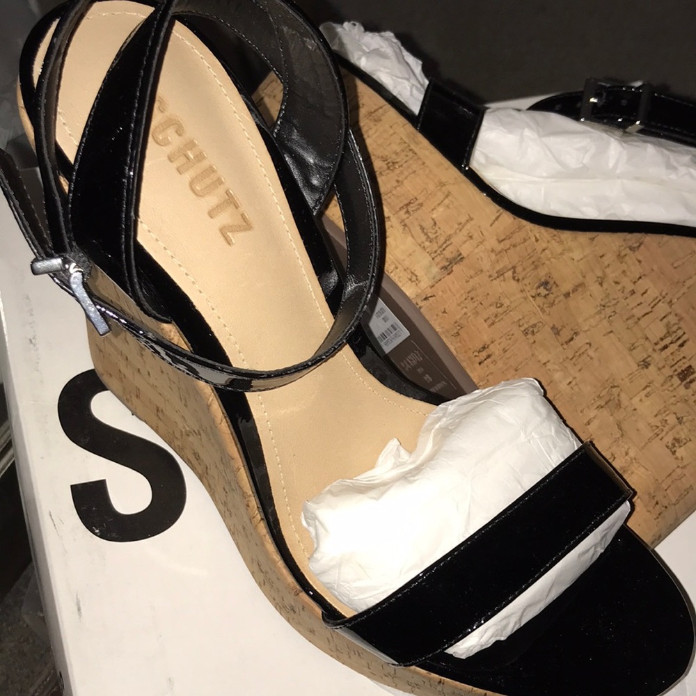 Black SCHUTZ Ankle Strap Platform Cork Wedges.